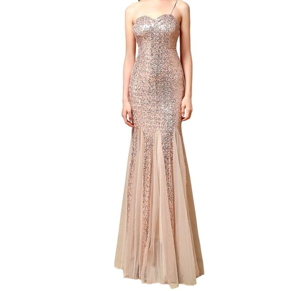 KALINNU sequined fishtail gown with straps